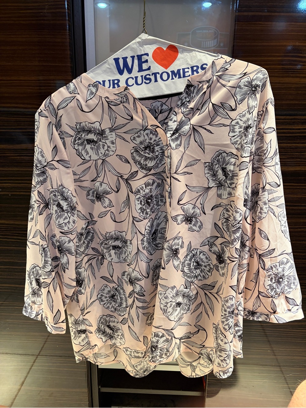 NWT Talbots Blush Pink Black Floral Sketch Split Neck Popover Blouse